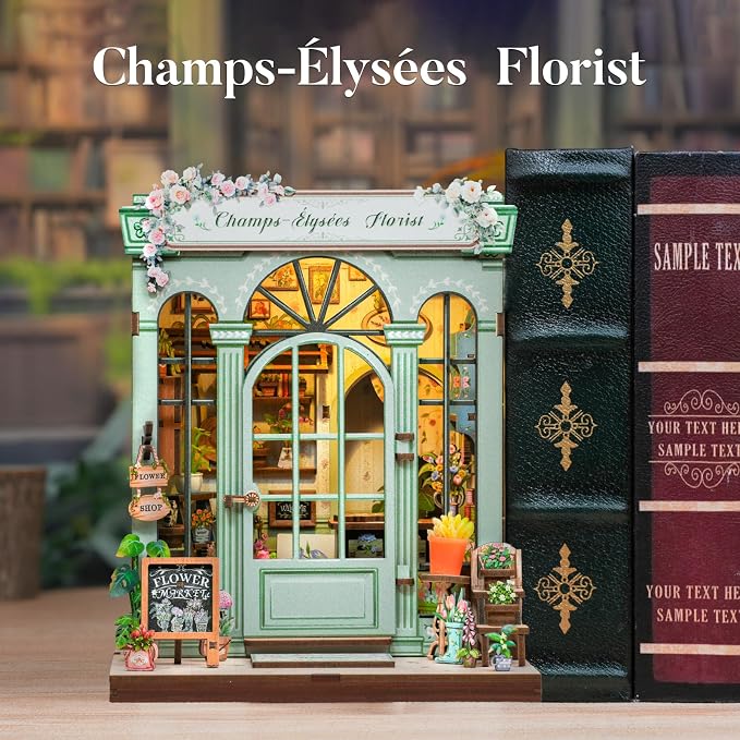 Fsolis Book Nook Kit, 3D Wooden Puzzles for Adults Booknook Garden DIY Miniature House Mini Building Kit Bookshelf Diorama Gifts for Women Puzzle Lovers (Champs-Élysées Florist)