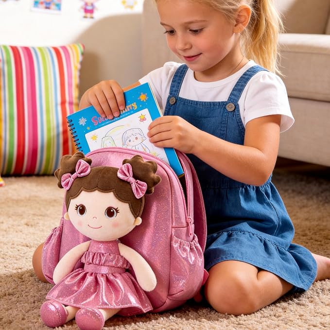 Lazada Toddler Backpack - Baby Girl Gifts Curly Fingerprints Plush Doll Dress Backpack - Fashion Girls Curly Rolled Fingerprints Series - Peach 11 Inches