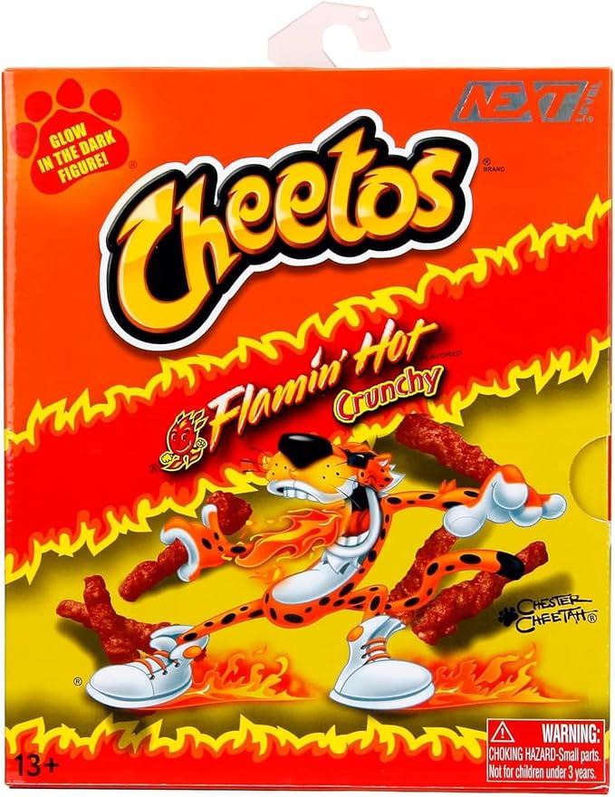 Jada Toys Cheetos Chester Cheetah Action Figure Flamin' Hot Glow in The Dark – 6” Articulated Exclusive, with Bag of Cheetos, Shades, Cheeto Dust