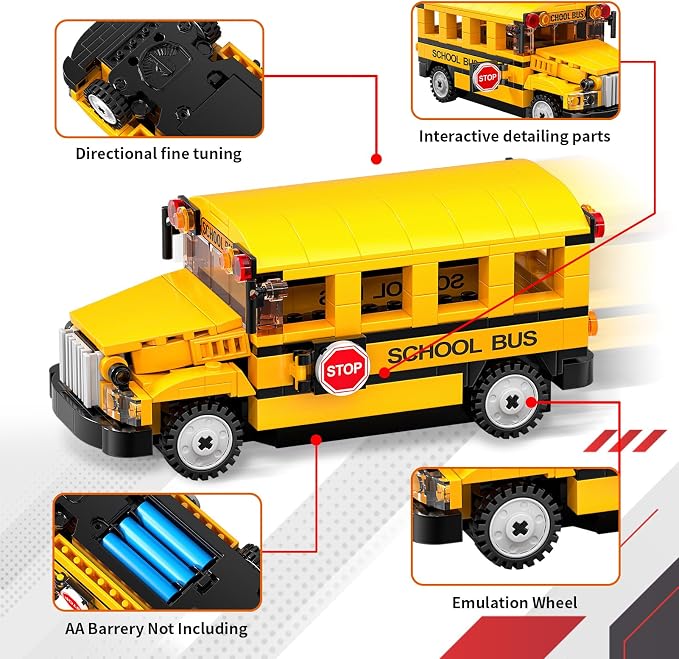 STEM Building Toys for 6 7 8 9 Years Old, 226PCS Remote Control RC School Bus Engineering Construction Kit, Educational Learning Blocks Set, Christmas Birthday Gift for Boys Girls Ages 8-12