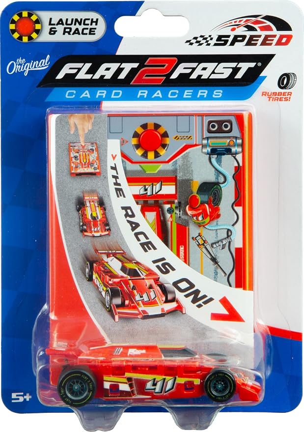 FLAT 2 FAST Original Speed Card Racer – Flat Car Racer and Pocket Size Racecar Launcher with Real Rubber Tires for High-Speed Racing – Transforming Toy Car for Boys – Load, Launch, Race! – Racing Red