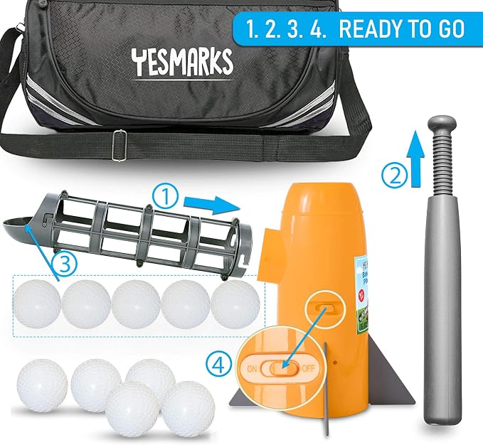 YESMARKS Kids Auto Baseball Pitching Machine Outdoor Toy Set - Training Equipment & Batting Practice Toys for Youth, Includes 10 Baseballs, Baseball Bat and Sports Bag | Includes 10 PP Baseballs, Baseball Bat, Sports Bag, Outdoor Sports Backyard Game T...
