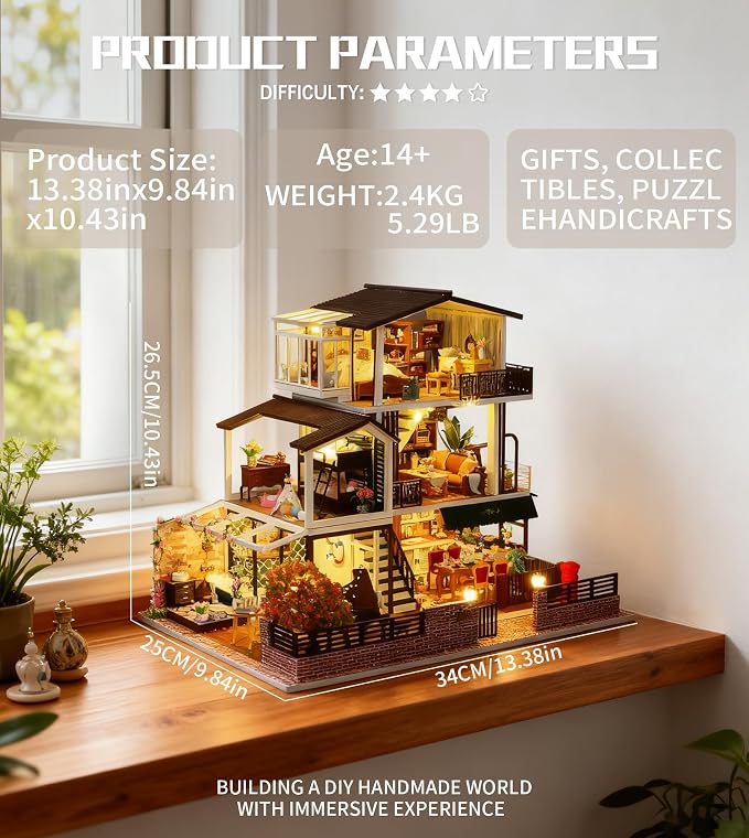 Spilay Dollhouse DIY Miniature Wooden Furniture Kit,Mini Handmade Big Castle Model,1:24 Scale Creative Doll House Toys for Adult Gift