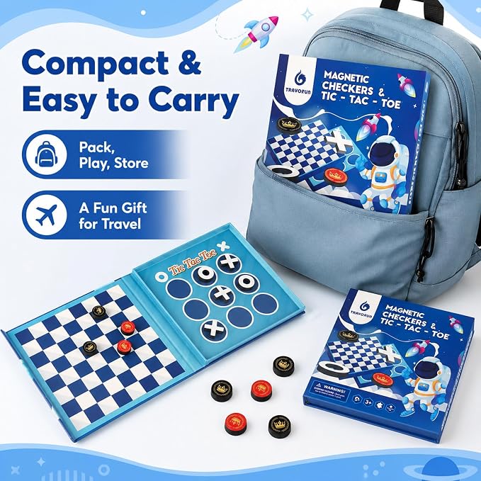 2-in-1 Travel Checkers and Tic Tac Toe Game for Kids Ages 8-12, Magnetic Checkers Board Game, Foldable Road Trip and Plane Activities
