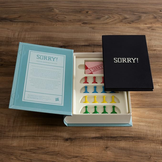 Sorry! Vintage Bookshelf Edition by WS Game Company - Classic Board Game in Linen-Wrapped Book Case with Retro 1958 Design, Wooden Pawns, and Full-Size Folding Game Board, for 2-4 Players, Ages 6+