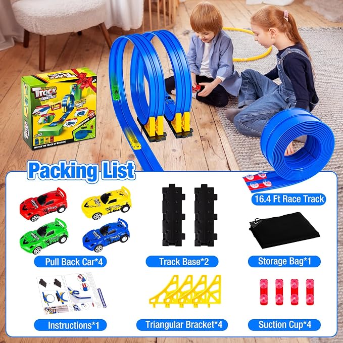 Flex Tracks 16.4 Ft Flexible Race Track for Kids Portable DIY Roll-Up Race Car Track Compatible with Diecast 1/64th Cars Birthday Gifts Easter Basket Stuffers for Kids for Boys Girls Ages 3+