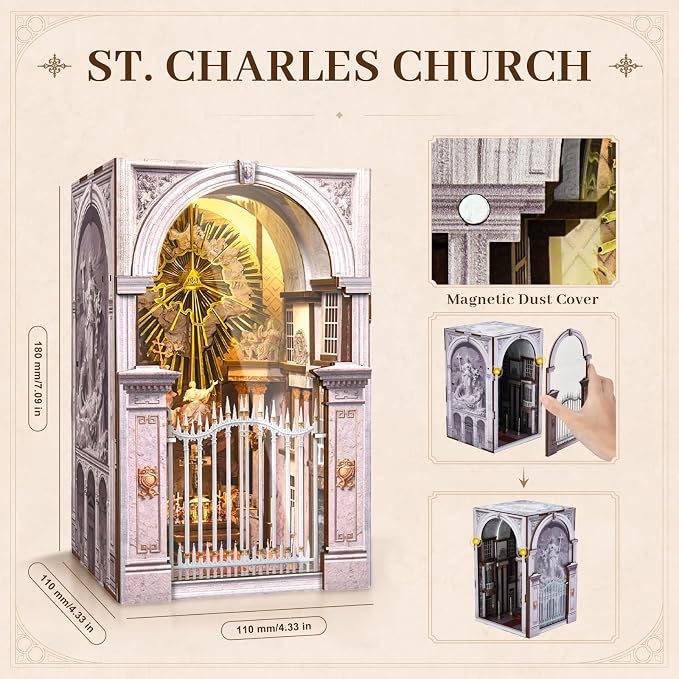 2 PCS DIY Wooden Dollhouse Kit, Architecture Miniature with LED Light Dust Cover, Easy Assembly Creative Craft for Adults Bookshelf Decor (St. Charles Church & Pantheon)