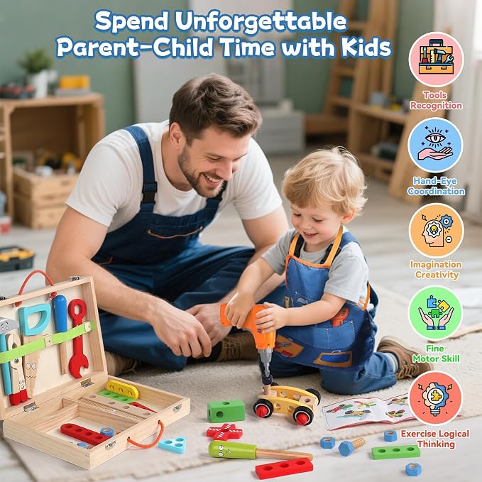 Kids Tool Set with Drill, Educational Montessori Toys for 3 Year Old Boys 44 Pcs STEM Kids Toys Wooden Toddler Tool Set with Apron & Box Birthday Gifts for 3 4 5 Year Old Boy Girl