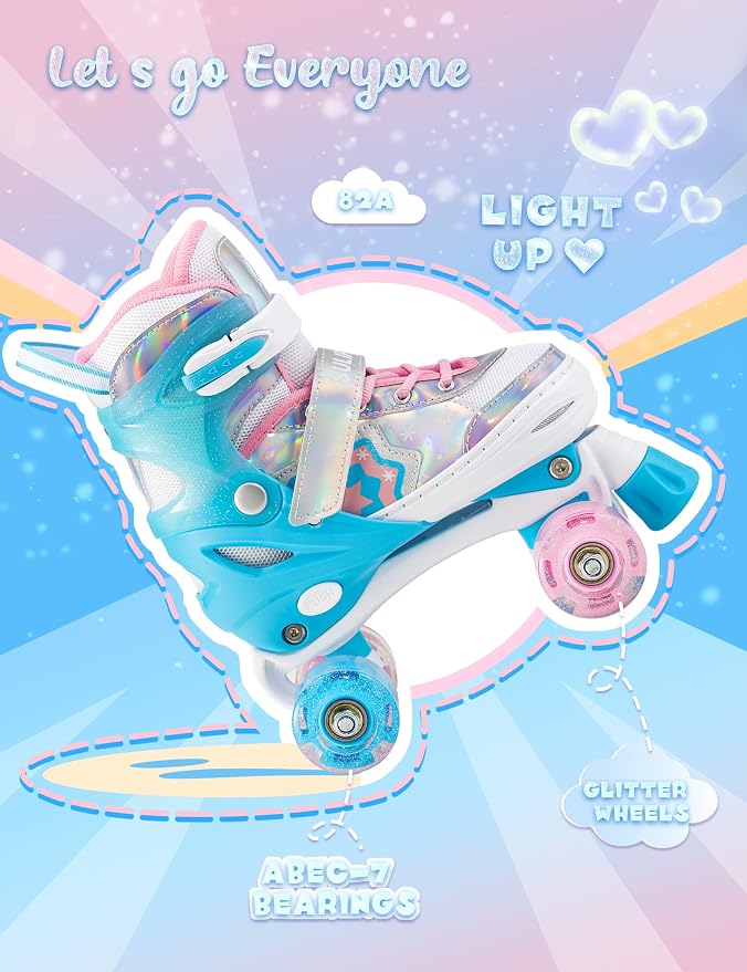 SULIFEEL Rainbow Unicorn 4 Size Adjustable Roller Skates for Girls Boys for Kids Ages 3-5 5-8 6-12 Children Skates Indoor Outdoor