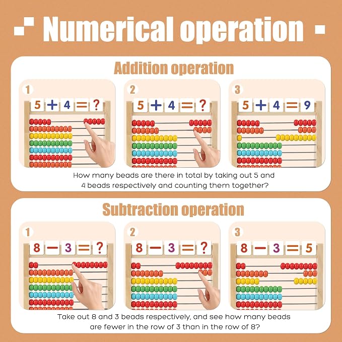 Wooden Abacus for Kids Math - 10-Row Counting Toy with 100 Beads, Number Cards & Counting Sticks, Educational Counters for Kids Math Gift for Age 3 4 5 6 7 Year Old Boy Girl