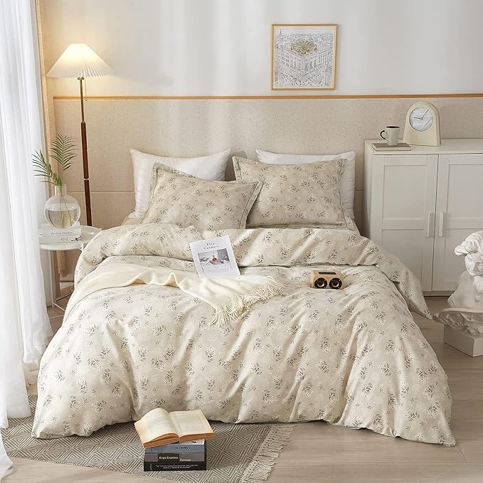 LifeTB Vintage Boho Floral Comforter Set Queen Soft Fluffy Beige Floral Bedding Comforter Set 1 Queen Comforter with 2 Pillowcases Garden Style Vintage Flower Botanical Comforter Set for All Seasons