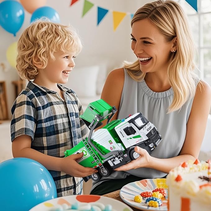HOLYFUN 12'' Electric Garbage Truck Set with Front Loader/Metal Cab, Friction-Powered Recycling Vehicle with Dumpster, 4 Trash Bins & Sorting Cards, Trash Truck Toy with Lights/Sounds for Kids
