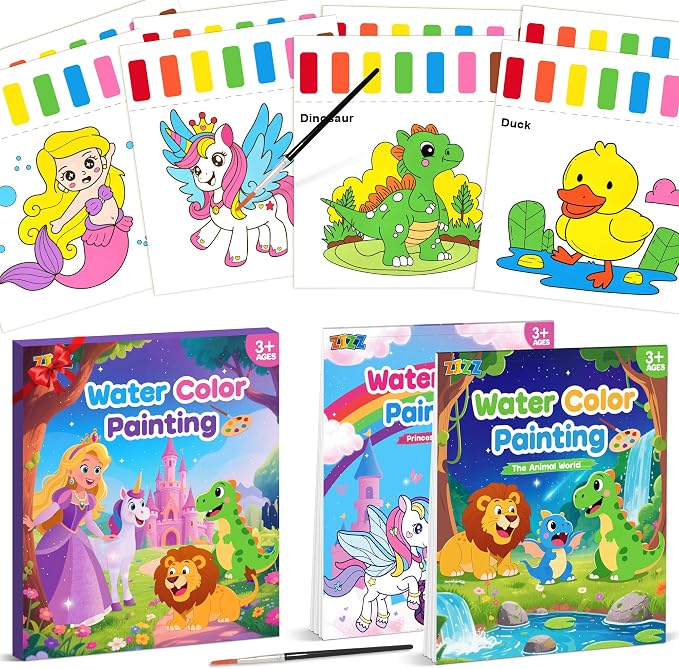 Paint with Water Coloring Books for Kids: 2 Pack Watercolor Painting Books Set for Ages Toddler Girl Boys 3 4 5 6 7 8 Year Old Birthday Gifts - Mess Free Drawing Activity Arts and Crafts Toys Kit