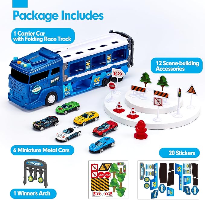 hahaland Toys for 3 Year Old Boy Gift - 2 in 1 Car Carrier Transforms into Race Tracks Toys with Dual Launcher Truck for Kids Ages 3-5 - Car Sets for Boys 3 Year Old Boy Gifts