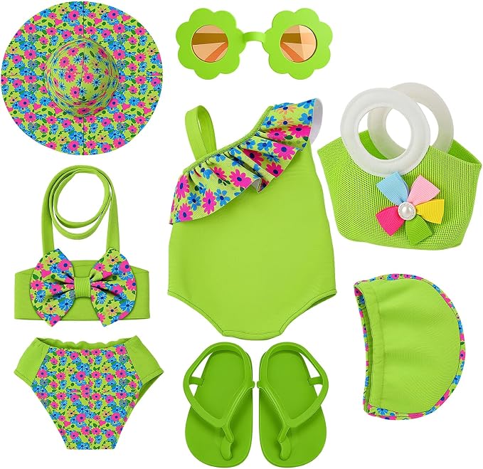 Kajaia 8 Pcs Green 18 Inch Doll Clothes and Accessories Doll Swimsuit Dress Flip Flops Hat Outfit Swimsuit Accessories