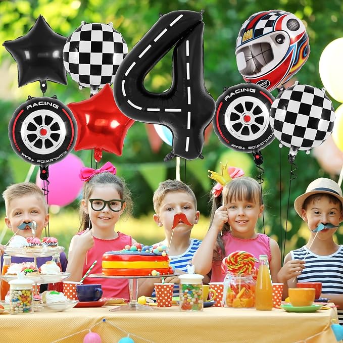 Race Car 4 Balloons, 40 Inch Racetrack Number 4 Balloon, Large Foil Mylar Racetrack Black 4 Balloon for 4 Year Old Birthday Race Car Themed Party Decoration