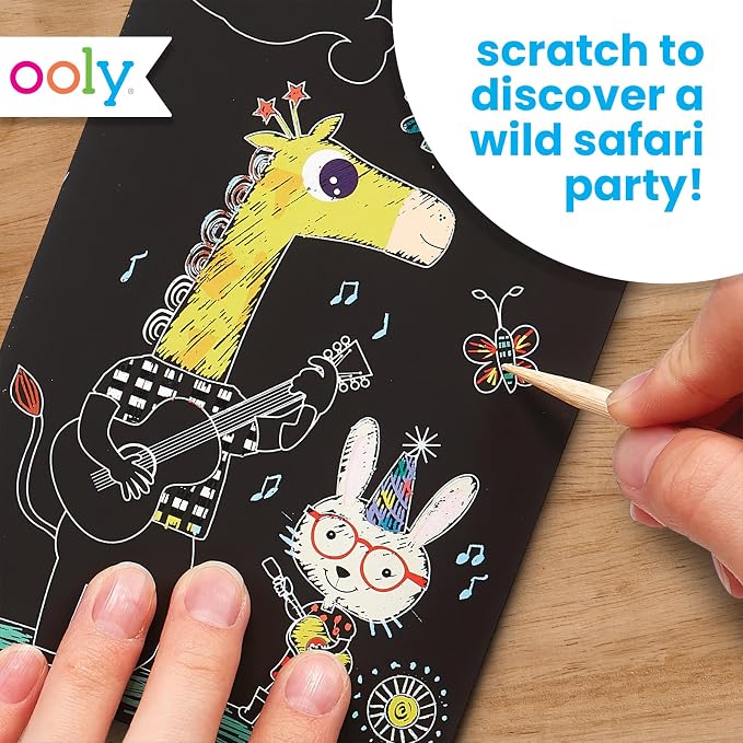 Ooly Mini Travel Crafts for Kids – 6 Card Scratch Art Kit, Compact Car & Airplane Activity, Wooden Stylus Included – Safari Party
