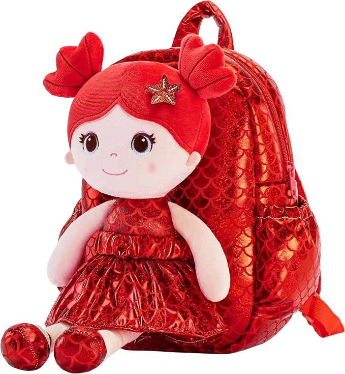 Lazada Toddler Backpack - Baby Girl Gifts Plush Doll Dress Backpack - Fashion Girls Tina Fish Scale Series - Red 11 Inches