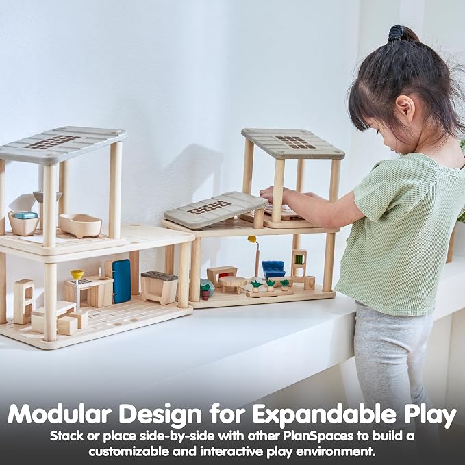 PlanToys® Wooden Dollhouse Bedroom Room Set | Modular Furniture with Bed, Lamp, Shelving & Decor | Stackable Open Ended Room for Dollhouse Expansion