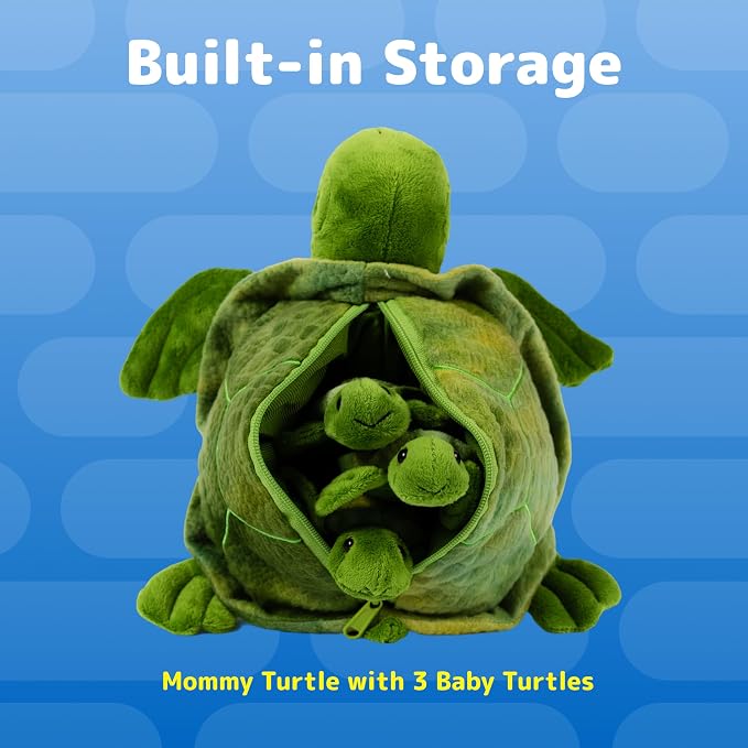 PREXTEX Plush Turtle Toy with 3 Baby Stuffed Turtles - Big Mom with Zipper Storage - Soft Reptile Toys for Kids Ages 3-5 - Cuddly Stuffed Set - Thoughtful Gift for Animal Lovers & Toddlers