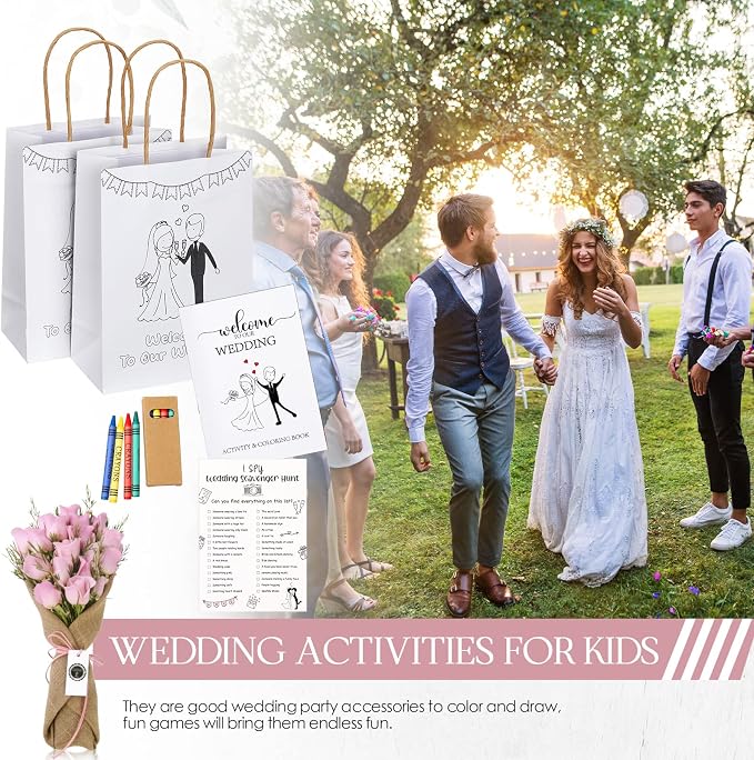 Gueevin 48 Pcs Wedding Activities for Kids Coloring Books Individually Packaged Wedding Coloring Books Gift Goodie Bags and Scavenger Hunt Sheets for Kids Games Favors(Crayons)