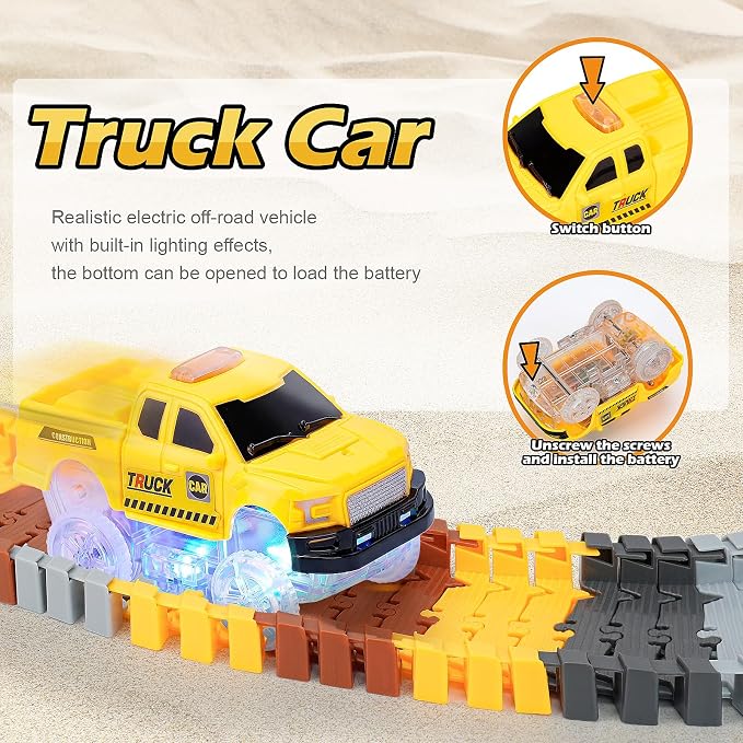 157 PCS Construction Race Tracks for Kids, Glow in The Dark Magic Toy Set with 360° Loop Ramp, 1 Light Up Car, 3 Construction Cars, Flexible DIY Track Set, Birthday Gift for 3-9 Year Old Boys Girls