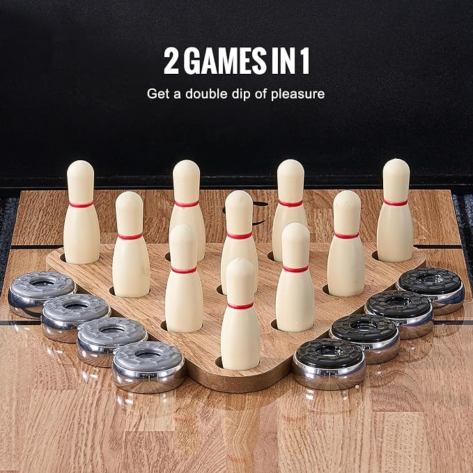 VEVOR Shuffleboard Table, 9 ft Shuffleboard for Family Game Rooms, 2 in 1 Shuffleboard and Bowling Combo Game Set, with Scratch-Resistant Playfield, Legs, 8 Pucks, Bowling Set, Wax, and Table Brush