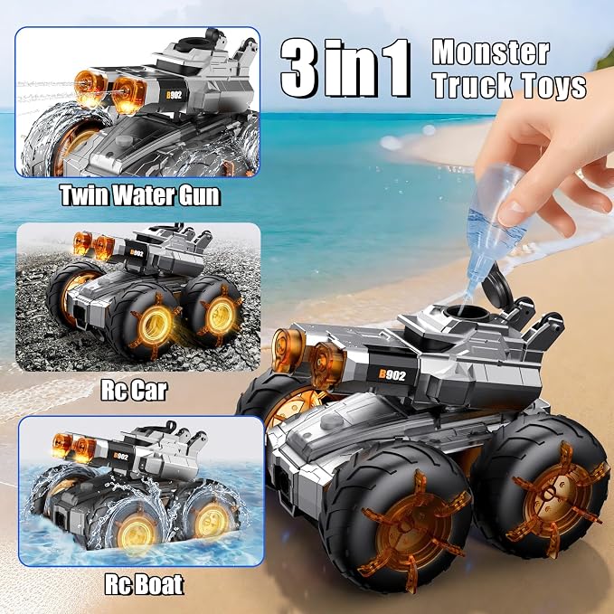 Amphibious Remote Control Car with Water Gun, Waterproof RC Monster Truck Toys 4WD All-Terrain RC Cars, Gesture Sensing Rc Stunt Car, RC Trucks Toys Gifts for 8 9 10 11 12 Year Old Boys