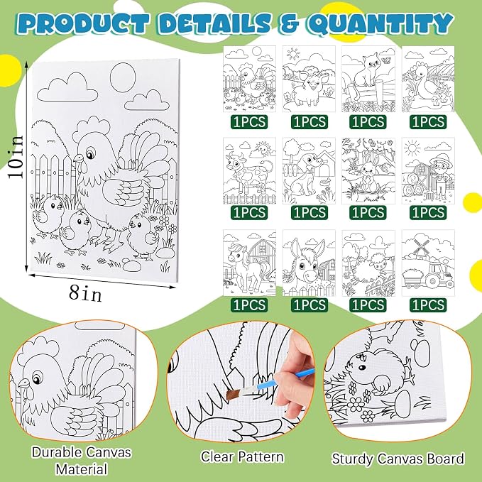 Ireer 12 Set Paint Party Set 8 x 10 Sip and Paint Kit Include 12 Printed Pre Drawn Canvas Panel, Wooden Easels, Palettes, Pots, Apron 36 Brushes for Adult Art DIY Party(Farm Animals)