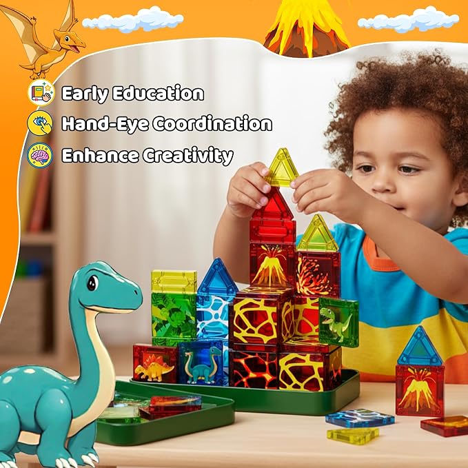SKTMYY Mini Magnetic Tiles,Dinosaur Themed Travel Magnetic Tiles Set with Iron Box for Kids Ages 3+,Car Airplane Travel Essential,Educational Preschool Toys,Birthday Gifts