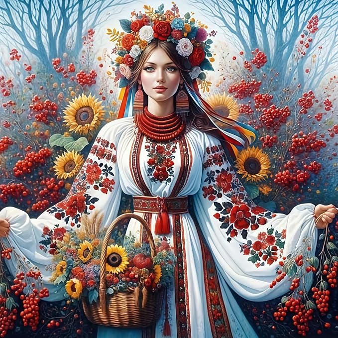 Slavic Woman Diamond Painting Kit for Adults, Traditional Flower Garland 5D Full Round Drill Diamond Art Beginners Canvas for Home Wall Decor, DIY Paint by Diamonds Dot Gem Craft13.8x13.8 Inch