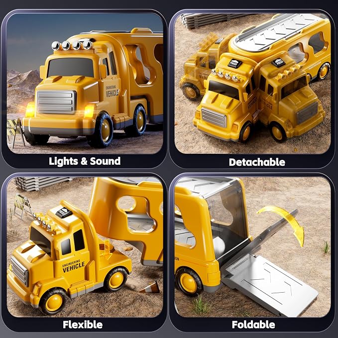 Construction Trucks Toys for 3 4 5 Years Old Boys - 5-in-1 Carrier Transport Vehicle Truck for Toddlers 3-4 Years with Crane, Mixer, Pushdozer and Excavator, Car Toys Birthdays Gift