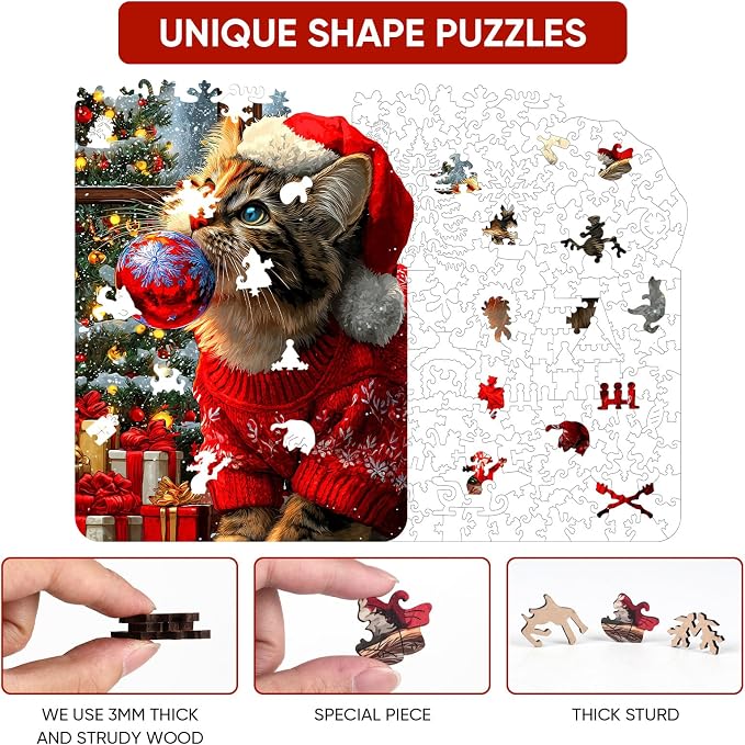 MEATRN Christmas Hat Cat Jigsaw Puzzles - 490 Pcs Handmade Wooden Puzzle with Unique Shapes, Stress Relief & Educational Fun, Family Game Night 13.4×18.3 Inch, Best Gift for Friends