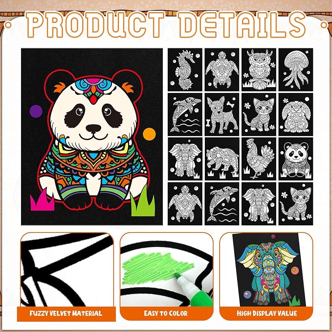 Cinrobiye 48 Pcs Velvet Coloring Posters Animals Fuzzy Posters to Color Bulk Felt Coloring Page Craft for Adults Teenagers All Ages Classroom Assisted Living Festive Holiday Art&Craft Activity