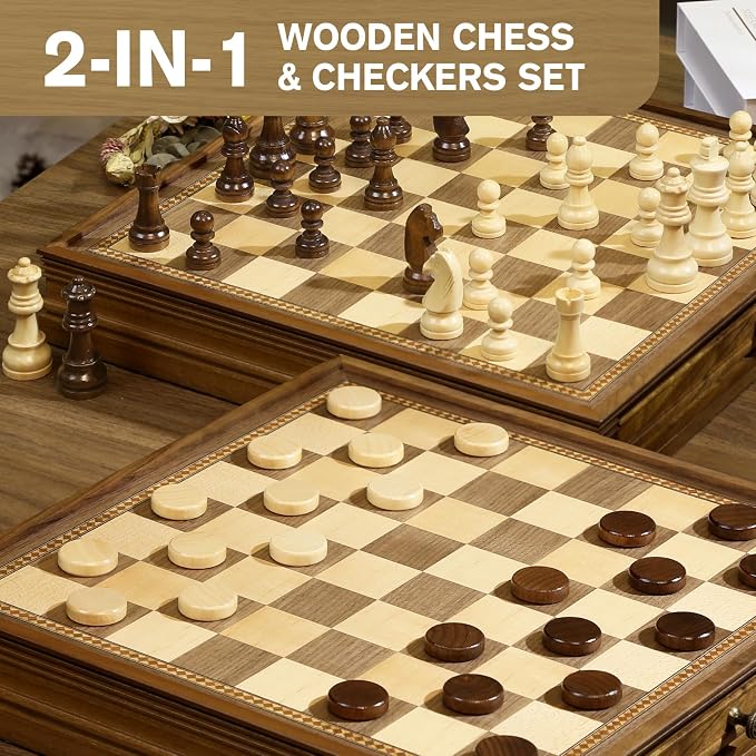 Peradix Magnetic Chess and Checkers Set with 2 Built-in Storage Drawers,15" Classic 2 in 1 Wooden Board Games, Magnetic Chess Pieces, 2 Extra Queens, Luxury Chess Set for Adults and Kids Gift Package