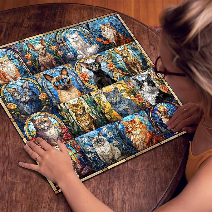 Stained Glass Puzzle Cat Puzzles for Adults 1000 Pieces, Colorful Kitty Kitten Collage Puzzles 1000 Pieces, Hard Difficult Impossible Challenging Jigsaw Puzzles for Adults