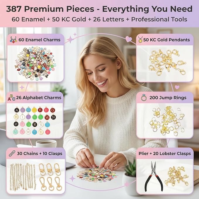 YOJO DIY Keychain Making Kit for Women & Girls, Personalized Jewelry Craft Supplies, Creative Arts and Crafts Set for Bag Charms, Phone Straps & Gifts (387Pcs)