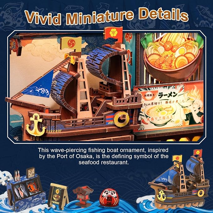 Cutefun Book Nook Kit - DIY Miniature Japanese Osaka Shinsekai Alley | 3D Wooden Puzzle 370 Pcs Bookshelf Insert with LED Light, Vintage Food Street Decor for Adults (Tsutenkaku Ichiban Street)