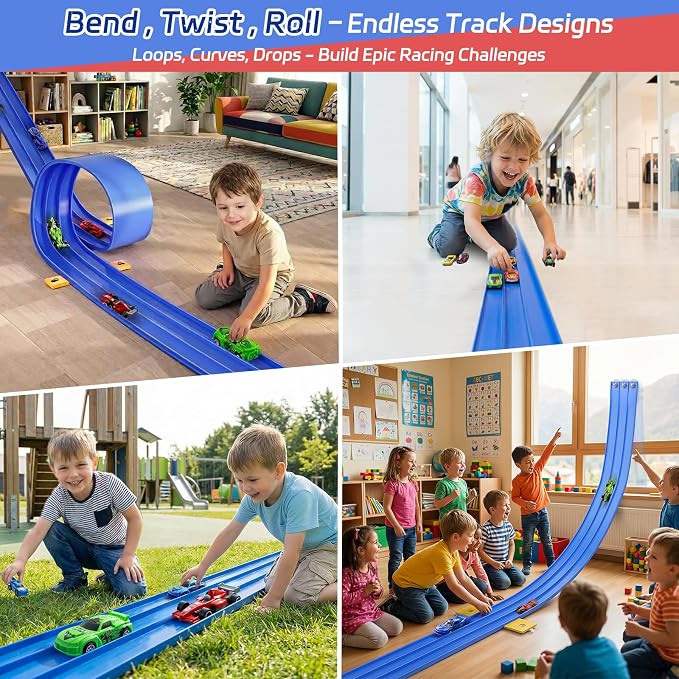 3-Lane Flexible Race Track Toy Set - 16.4 Ft DIY Racetrack with Strong Suction Cups, Portable Roll-Up Car Track for Kids Compatible with 1/64 Diecast Cars