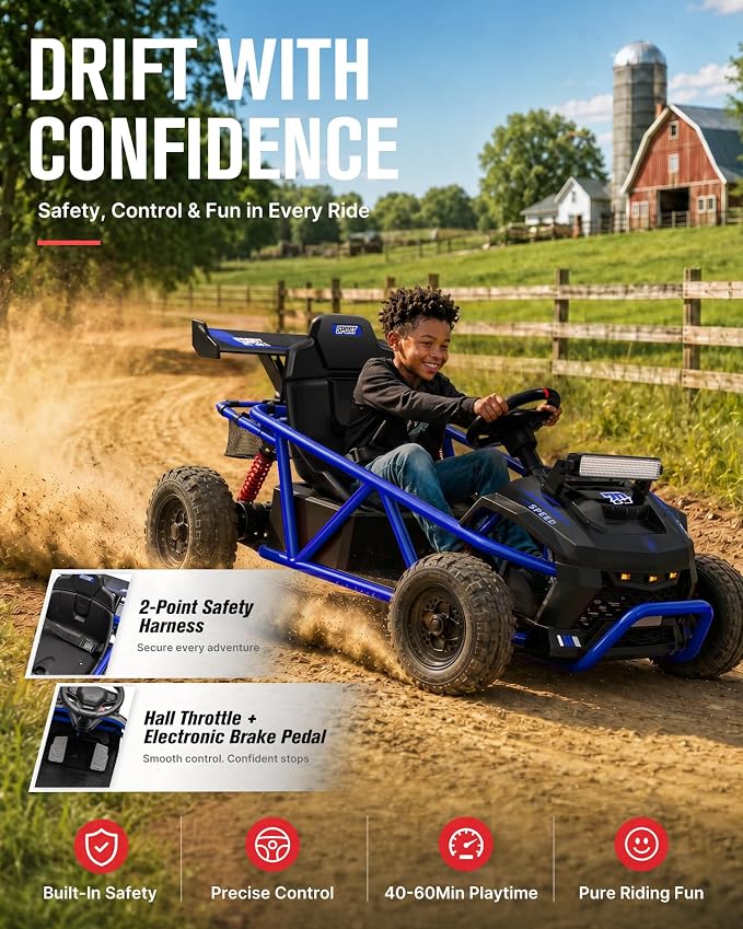 First Ride On 36V Kids Off-Road Go Kart, 400W Electric Ride-On Car for Ages 6+, Up to 9.3 MPH, EVA Tires, Metal Frame, Hall Throttle, Electronic Brake, Adjustable Seat, Bluetooth (Blue)