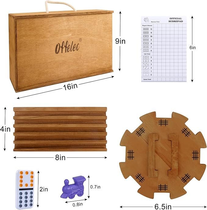 Offelec Mexican Train Dominoes Set with 8 Holders, Double 12 Dominos Set for Adults, Mexican Dominoes Train for Kids and Family Game, Mexican Train Games with 91 Colored Tile Dominos and Wooden Box