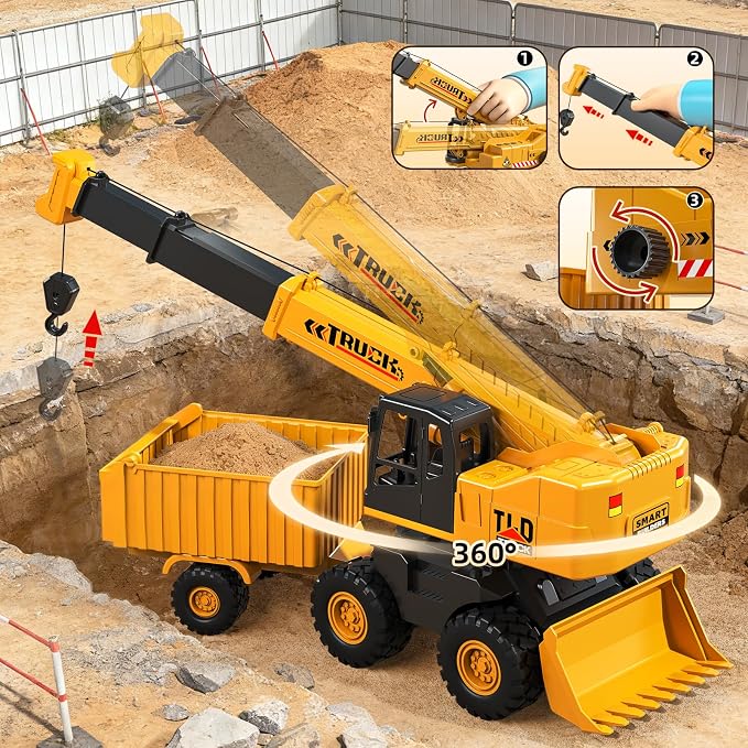 KukuFun 3-in-1 Truck Toys for Boys 3-5 Year Old, Construction Sandbox Toy with Dump Crane Bulldozer，Indoor/Outdoor Sand Toys for Kids Toddlers Girls Age 3-8，Birthday Gifts