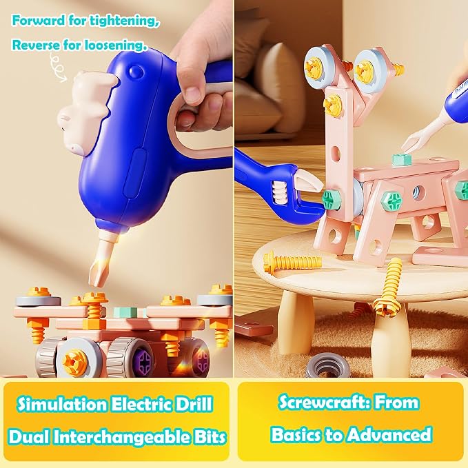 Kids STEM Building Toys For Ages 3-5 4-6 4-8 5-7 6-8 Years Old Boy Birthday Gift,101 Pcs Preschool Educational Construction Toys Tools Set With Drill,Toddler Design Drill Screw Toys (blue101)