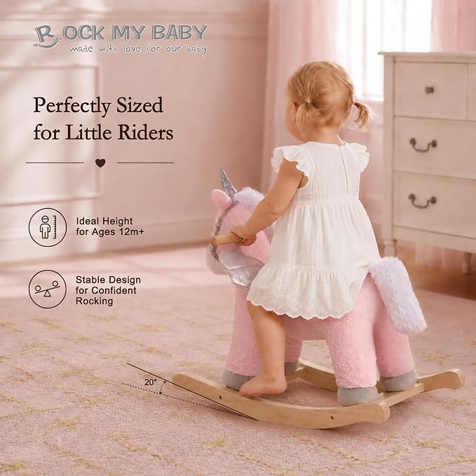 Rock My Baby Rocking Horse, Pink Unicorn/Pony Animal Rocker with Realistic Sound Plush Stuffed Rocking Horses for Toddlers 18M+, CPC Certified