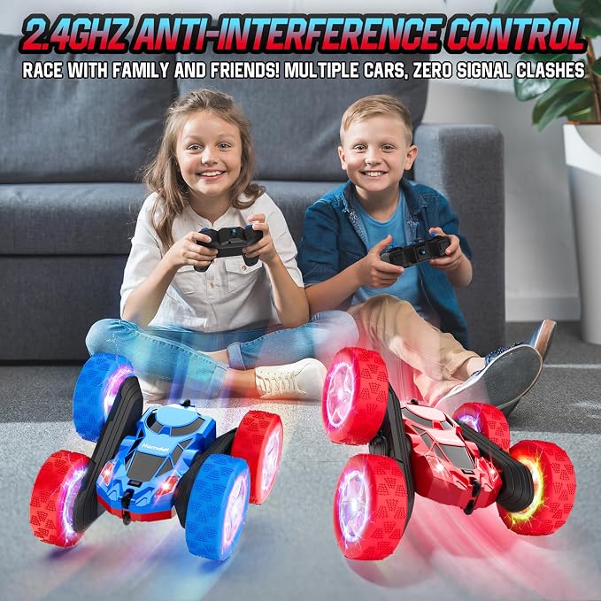 Hamdol Remote Control RC Car for Kids 6-12, High-Speed 4WD Stunt Car with LED Lights & 360° Rotation, 2.4GHz Off-Road Vehicle Toy with Rechargeable Battery, Cool Valentines and Birthday Gift for Boys