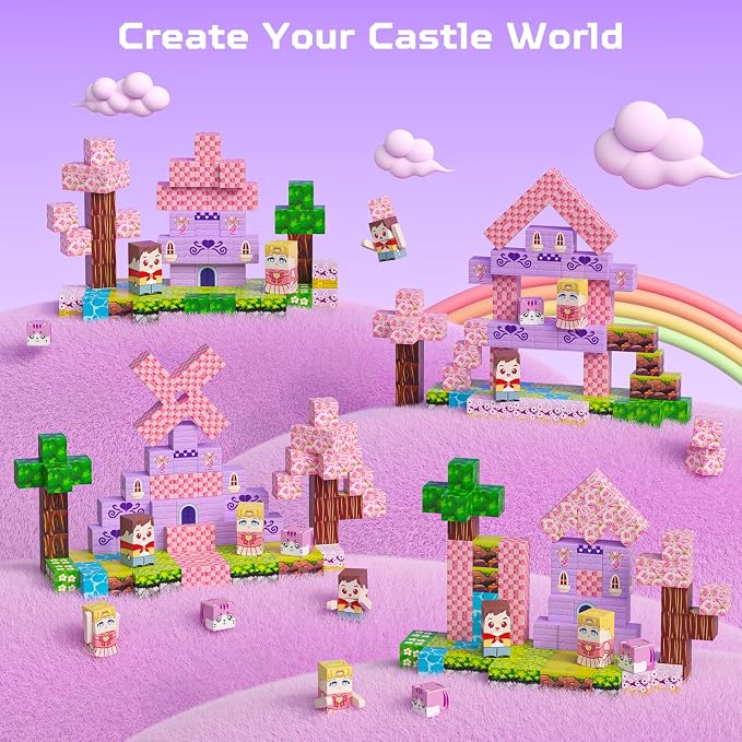 100PCS Magnetic Blocks, Magnetic Building Blocks for Kids Age 4-8, Pink Princess Castle Toys for Girls, STEM Sensory Birthday Gift for Kids Age 3+ Years Old