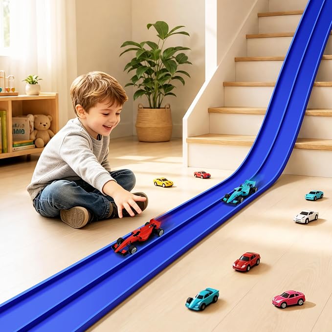 16 Ft Flexible Race Car Ramp Track for Kids Toy with Suction Cups, Compatible with Diecast 1/64th Cars, Rolls Up Portable Racetrack Party Favor Gifts for Boys Ages 3-10 Year Old (Racing Blue)