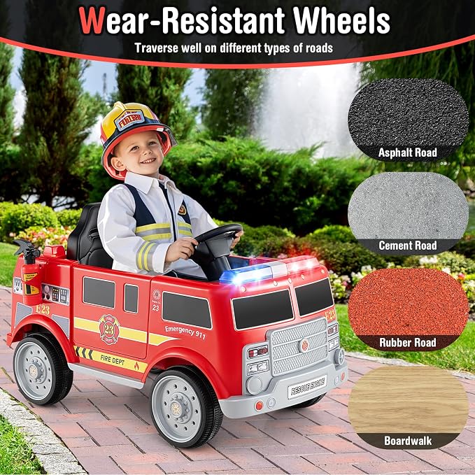 Costzon Kids Ride on Fire Truck, 12V Battery Powered Fire Car w/Remote Control, Extinguisher, Shovel, Loudspeaker, Music, Sirens, Lights & Wireless Connection, Electric Vehicle for Kids(Fire Truck)