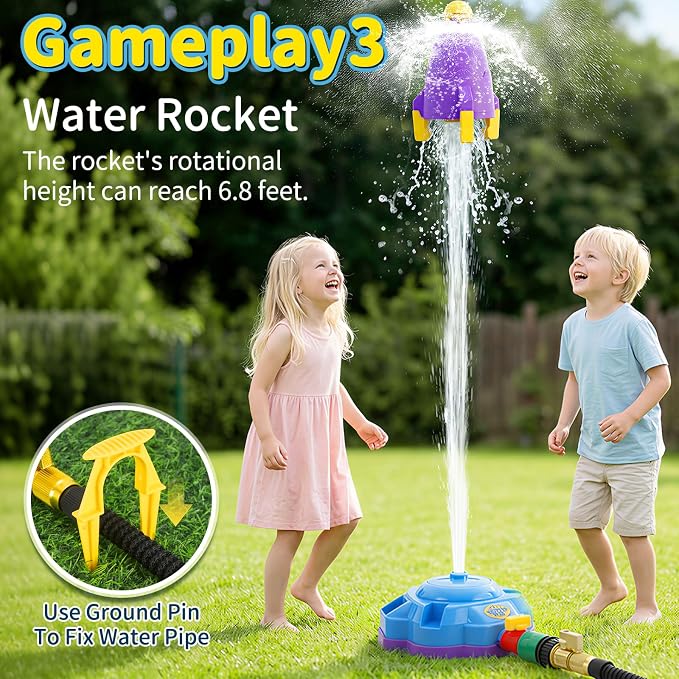 4-in-1 Sprinkler Toys for Kids Ages 4-8, Water Baseball, Rotating Water Spray, and Rocket Launcher for Toddlers, Backyard, Garden, Lawn, and Pool Outdoor Play in Summer for Boys and Girls Ages 3-5.