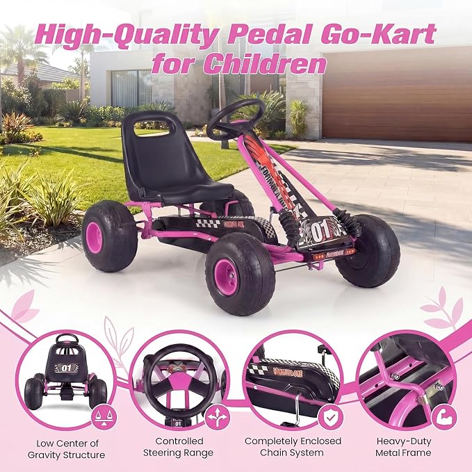 Costzon Pedal Go Kart, 4 Wheel Ride on Toy Pedal Car with Adjustable Seat, Forward/Backward & Handbrake, Outdoor Bicycle Go Cart with Wear-Resistant Wheels, Gift for Boys and Girls (Pink)